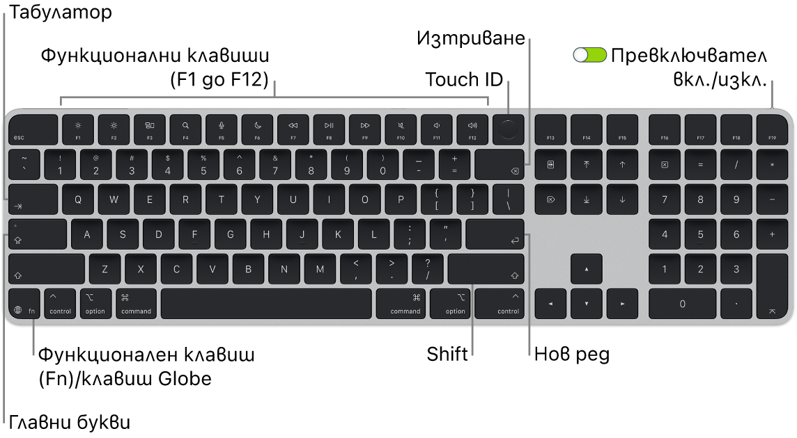 Клавиатурата Magic Keyboard с Touch ID и Numeric Keypad, която показва редицата с функционални клавиши и Touch ID в горната част и клавиша Function (Fn)/Globe най-долу вляво.