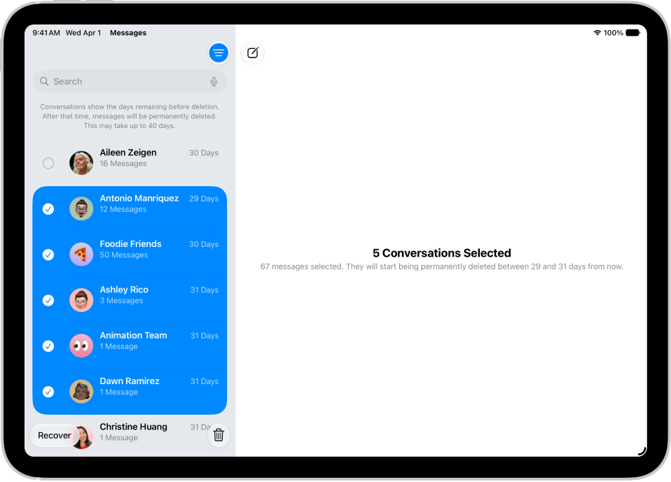 Recovering several recently deleted messages.