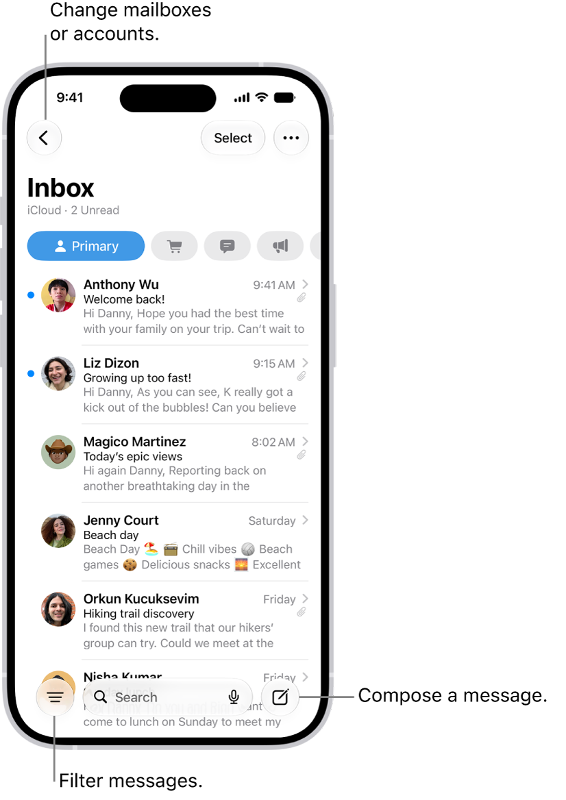 The Mail Inbox, showing a list of emails.