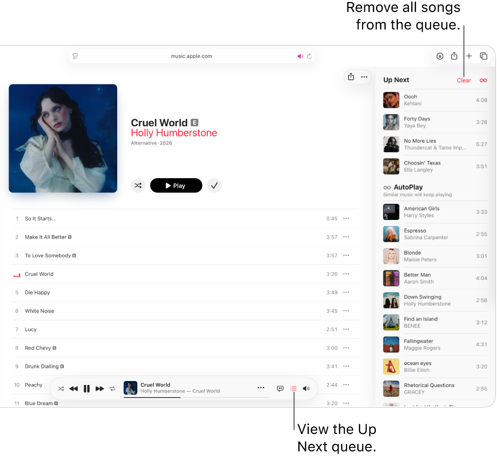 A song is playing in Apple Music. The Up Next button at the top-right corner is selected and the queue is visible. 