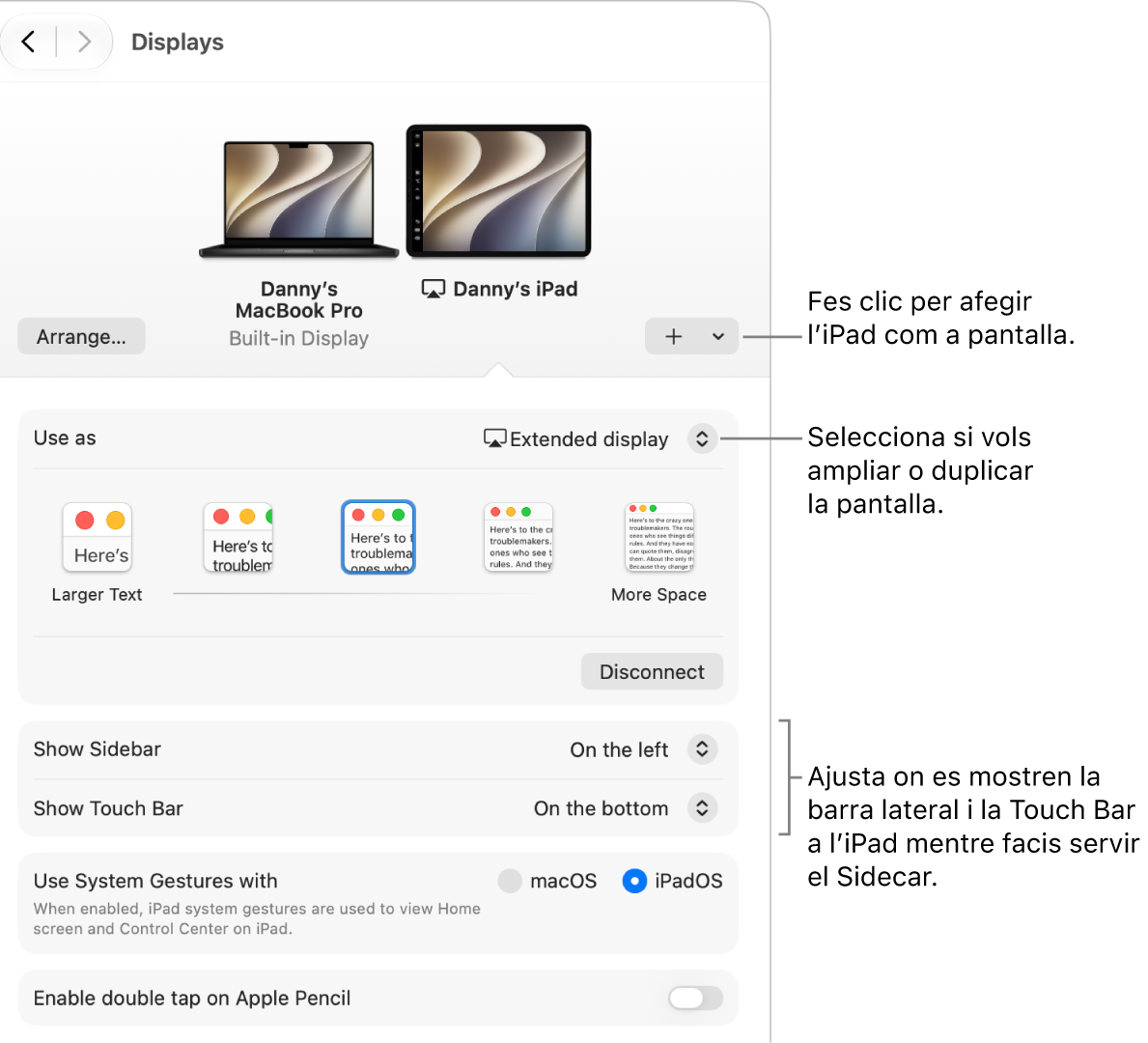 El tauler de configuració “Pantalles” del Mac mostrant les opcions per configurar el Sidecar.