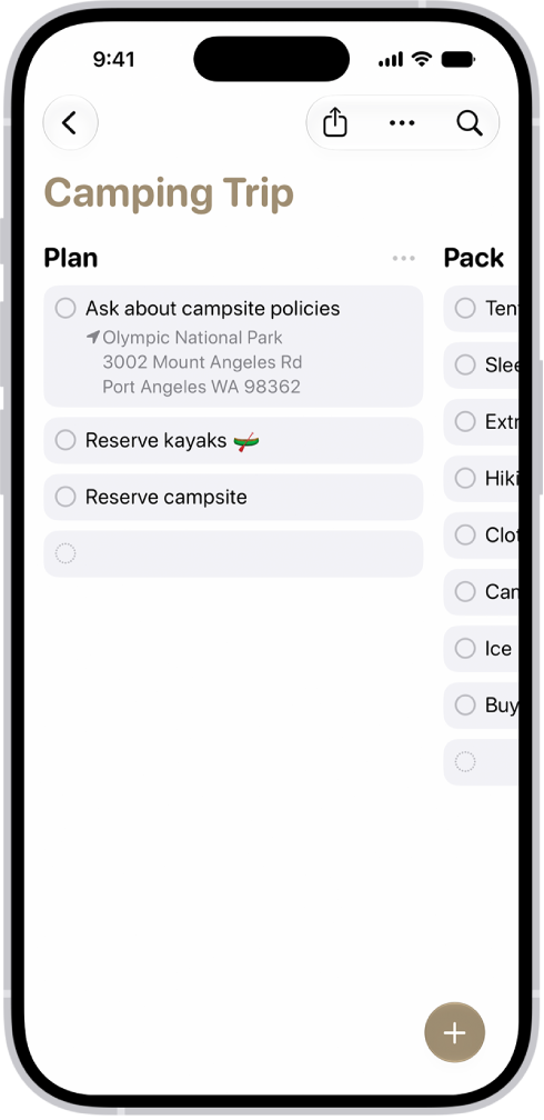 The Reminders app showing a camping trip list with the categories organized as columns.