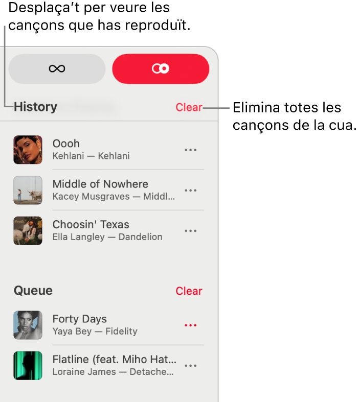 La cua es pot veure a l’angle superior dret de l’Apple Music. Apareixen les seccions “Historial” i “Cua”.