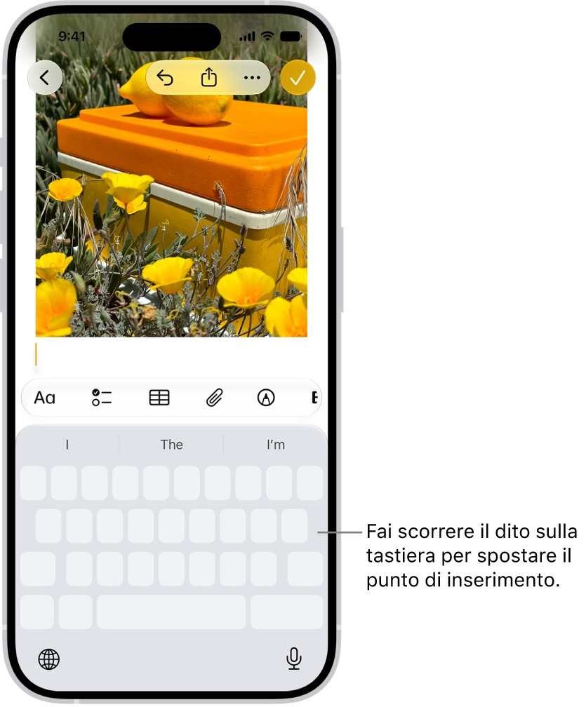 Nell’app Note è presente un documento aperto. Nella metà inferiore è presente la tastiera su schermo in modalità trackpad.