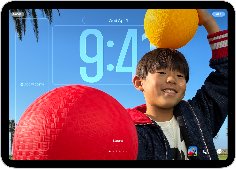 A screen showing customization options for the iPad Lock Screen, including an image chosen from the photo library.