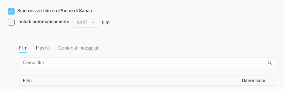 La casella di controllo “Sincronizza film su [dispositivo]” è selezionata. Sotto, la casella di controllo “Includi automaticamente” è selezionata e “Tutto” è stato scelto nel menu a comparsa.