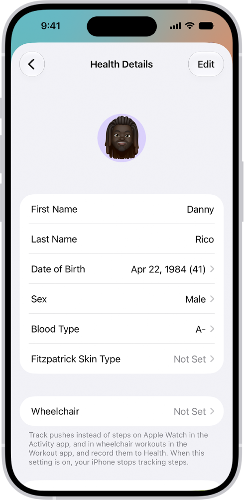 The Health Details screen, which includes fields for name, birth date, blood type, and other information.
