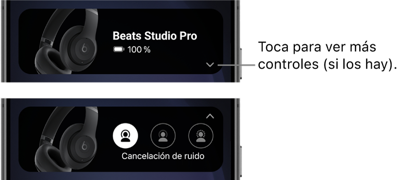 La primera imagen muestra el widget de la app Beats con unos auriculares de diadema Beats&nbsp;Studio&nbsp;Pro conectados y un botón que muestra otros controles; la segunda imagen muestra los controles de cancelación del ruido en el widget.