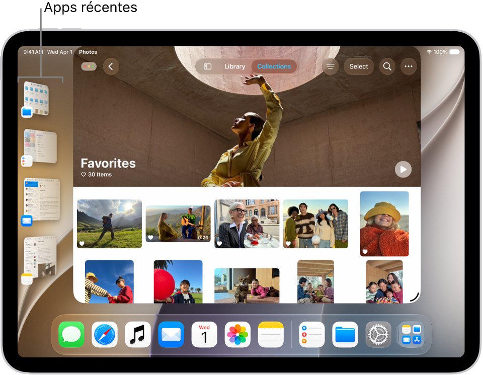 L’écran d’un iPad avec la fonctionnalité Stage&nbsp;Manager activée. La fenêtre active se situe au premier plan, et les autres apps récentes se trouvent dans une liste affichée à gauche de l’écran.