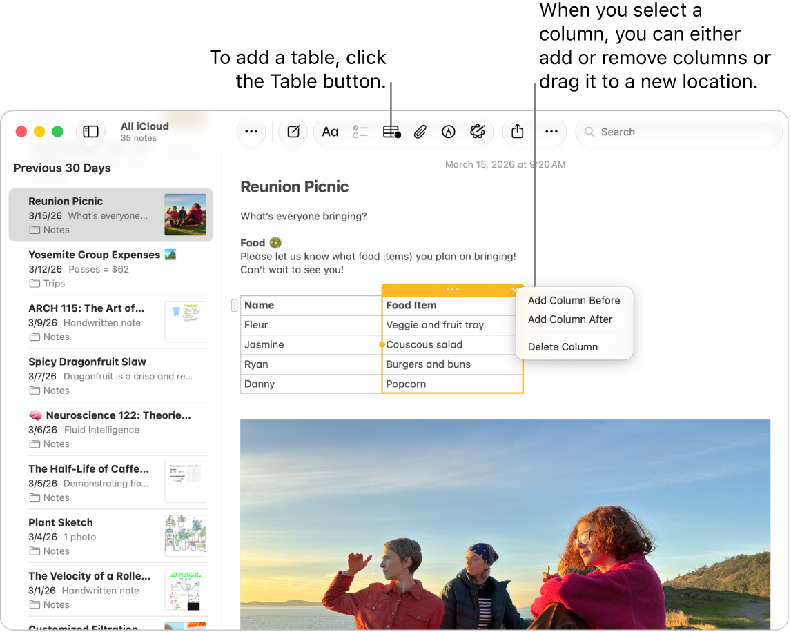 The Notes window showing the Table button—click it to add a table. Within the note content, a table column is selected so you can either add or remove columns or drag it to a new location.