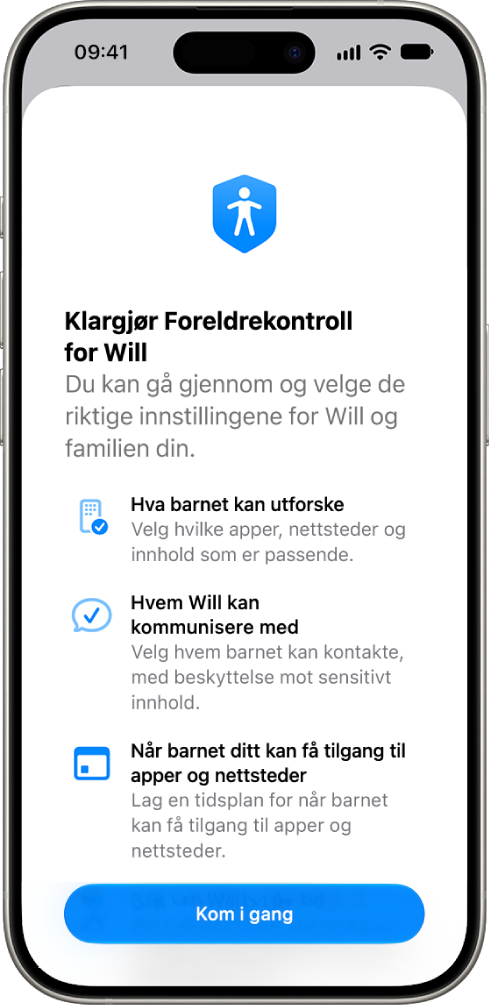 Skjermen for oppsett av foreldrekontroller viser alternativer for å komme i gang.