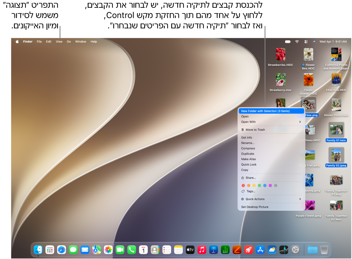 המכתבה של ה‑Mac מציגה את תמונת הרקע, את שורת התפריטים בחלק העליון ואת ה‑Dock בחלק התחתון.