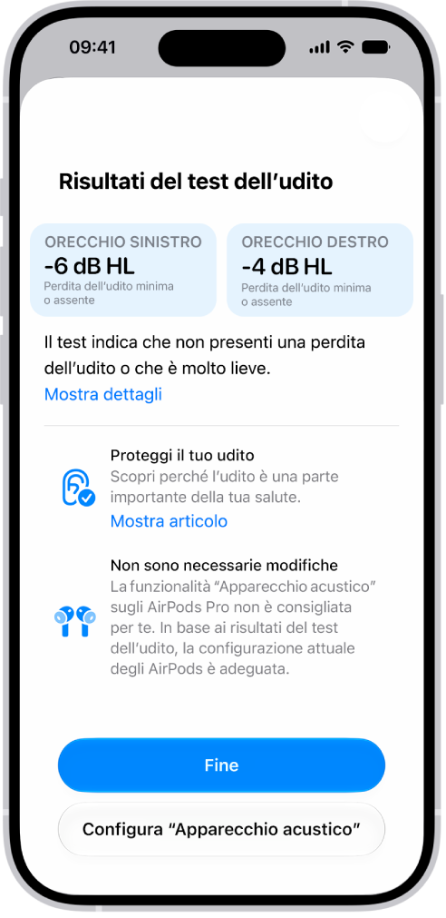 I risultati di un test dell’udito su iPhone, che mostrano una perdita dell’udito di grado lieve o assente in entrambe le orecchie. In basso è possibile toccare Fine o configurare un apparecchio acustico.