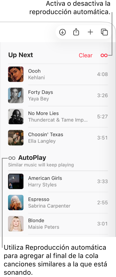 La fila A continuación en la parte superior de Apple&nbsp;Music mostrando los botones Borrar y Reproducción automática. La reproducción automática está activada.
