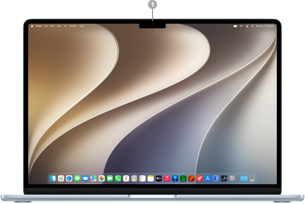 Forsiden af en MacBook Air med skærmen slået op, hvor 12MP Center Stage-kameraet vises.