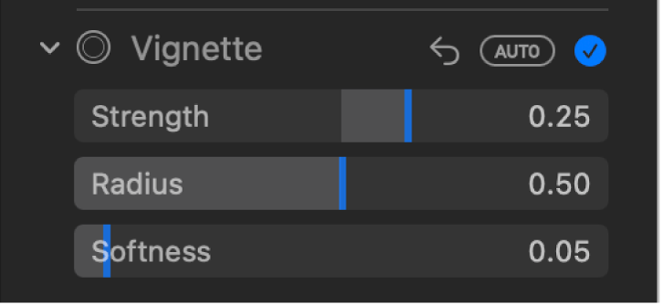 The Vignette controls in the Adjust pane, showing the Strength, Radius, and Softness sliders.