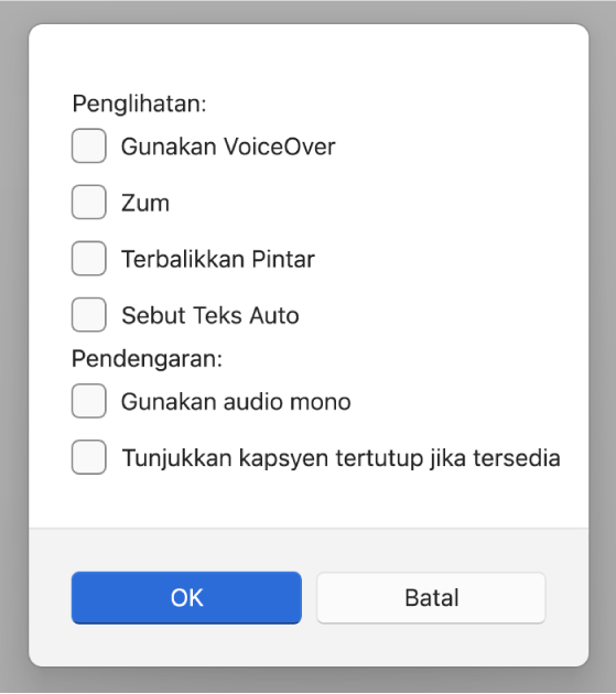 Ciri kebolehcapaian dalam app Peranti Apple, menunjukkan pilihan untuk Gunakan VoiceOver, Zum, Terbalikkan Pintar, Terbalikkan Pintar, “Gunakan audio mono” dan “Tunjukkan kapsyen tertutup jika tersedia”.