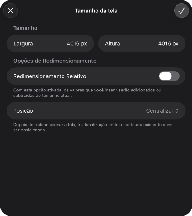 A caixa de diálogo Tamanho da Tela mostrando controles para modificar o tamanho da tela.