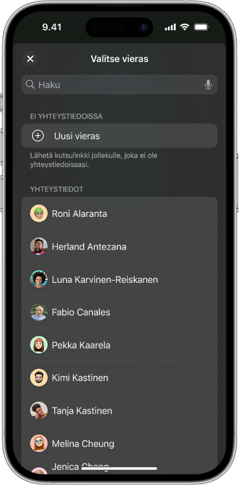 Lähetä kutsu ‑näyttö ja luettelo yhteystiedoista iPhonessa.