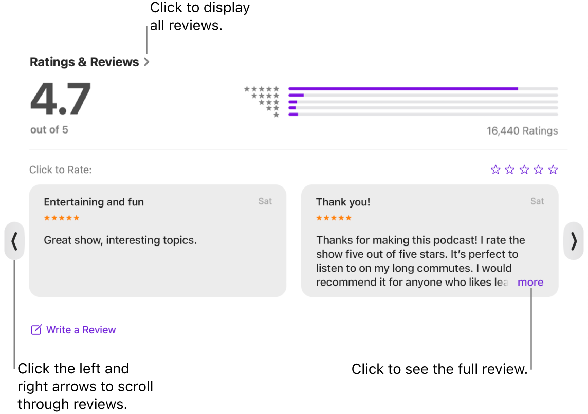 The Ratings & Reviews section for a show in Podcasts. Click the left and right arrows at the edges of the screen to scroll backward or forward. Click “more” to see an entire review.
