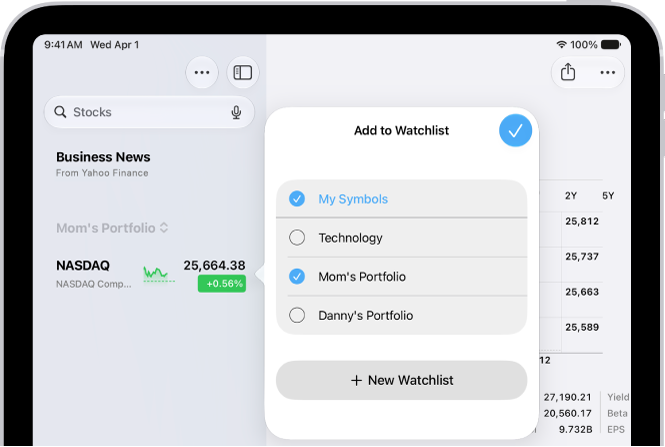 株価アプリのカスタマイズしたウォッチリストのリスト:「銘柄コード」、「ママのポートフォリオ」、「サステナビリティ」、「エンターテイメント」があります。