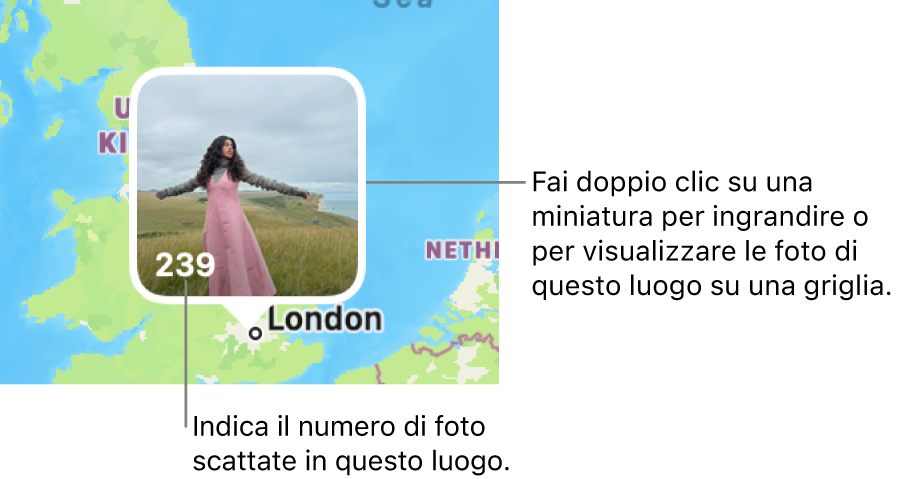 Una miniatura della foto su una mappa, con un numero nell’angolo inferiore sinistro che indica il numero di foto scattate in quella località.