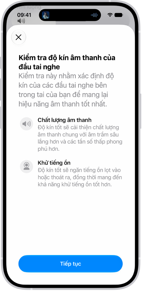 Một màn hình iPhone đang hiển thị một bài kiểm tra đo độ kín âm thanh của AirPods&nbsp;Pro&nbsp;3.