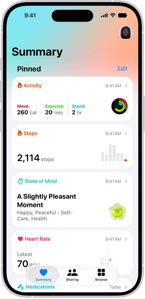 The Summary screen in Health. Information about activity, sleep score, state of mind, and medications appears below Pinned.