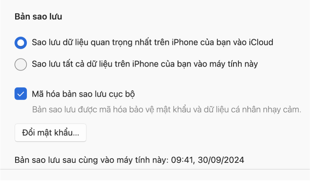 Một cửa sổ Thiết bị Apple đang hiển thị các tùy chọn để sao lưu và khôi phục một thiết bị Apple.
