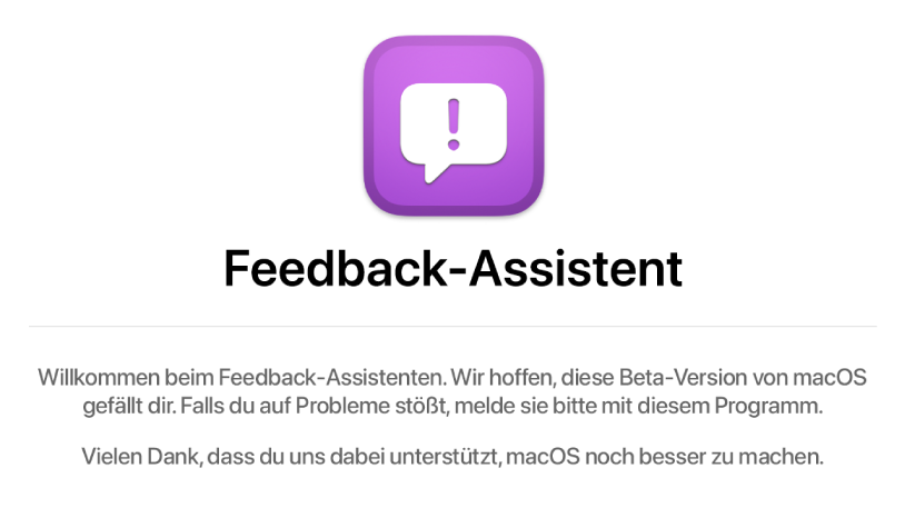 Das Willkommenfenster des Feedback-Assistenten
