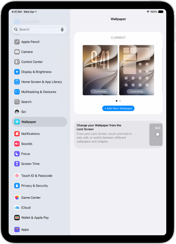 The Wallpaper Settings screen, with the button for choosing a new wallpaper at the top and images of the Lock Screen and Home Screen with the current wallpaper.