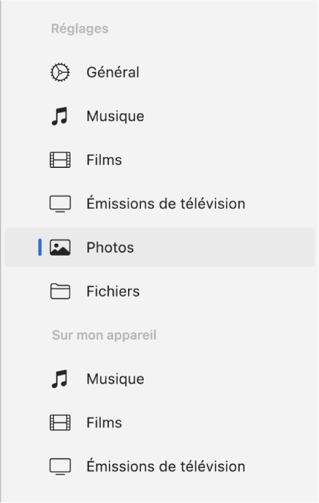 La barre latérale qui affiche l’option Photos sélectionnée.