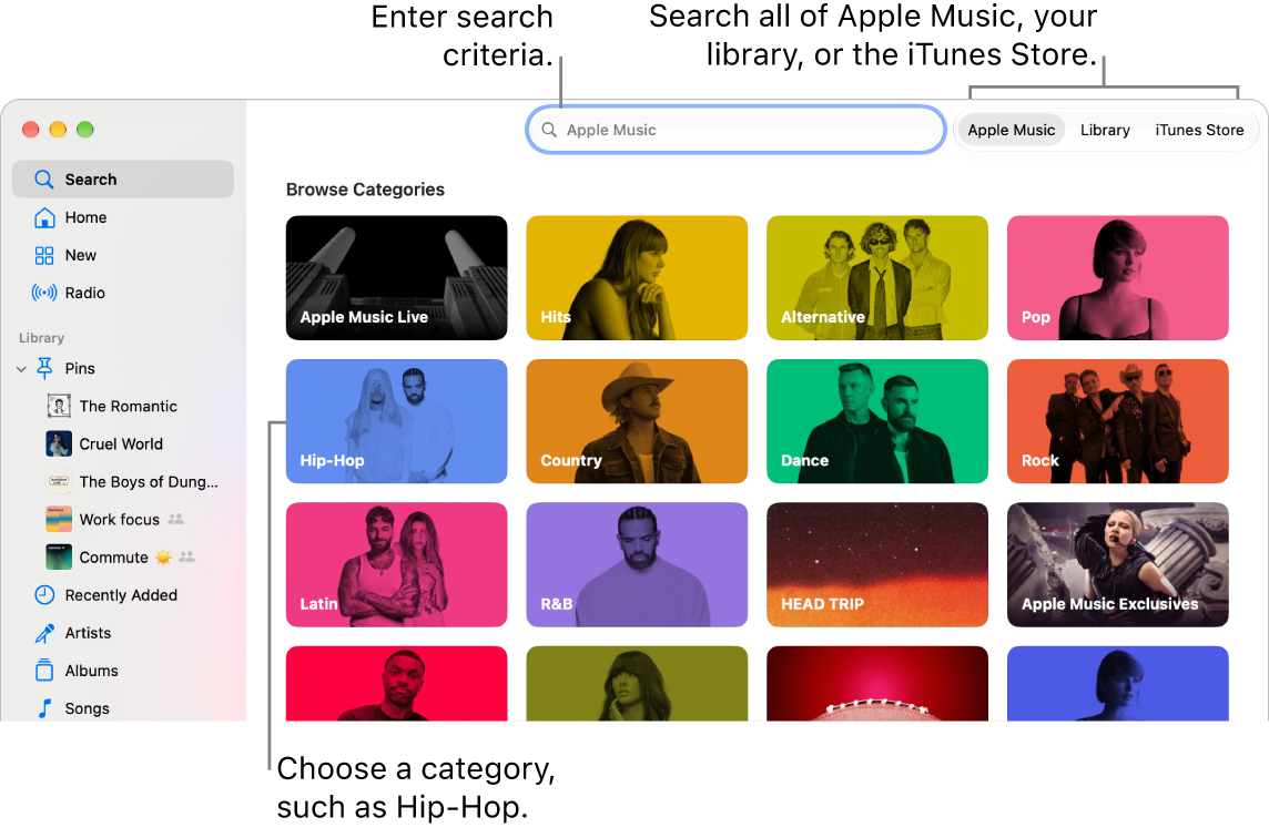 The Apple Music window showing the search fields, the list of categories in the center of the window, and Apple Music, Your Library, and iTunes Store available in the top-right corner. Enter search criteria in the search field, then choose to search all of Apple Music, just your library, or the iTunes Store.