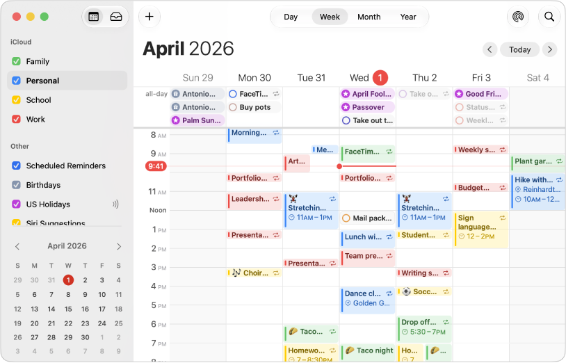 A Calendar window in Month view showing color-coded personal, work, family, and school calendars in the sidebar under the iCloud account heading.