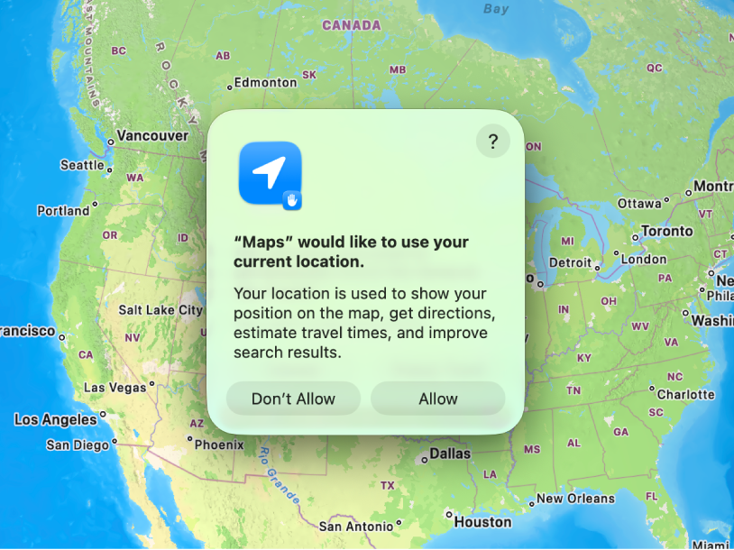 A Mac desktop showing the Maps app and a dialogue where the user can allow (or not allow) Maps to use their current location.