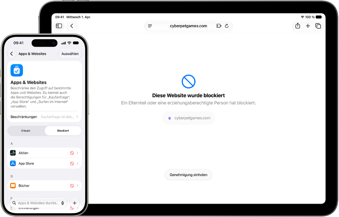Ein iPhone eines Elternteils zeigt die Einstellungen für „Apps&nbsp;& Websites“ mit einer Liste blockierter Websites. Das iPad eines Kindes mit einer blockierten Website in Safari.