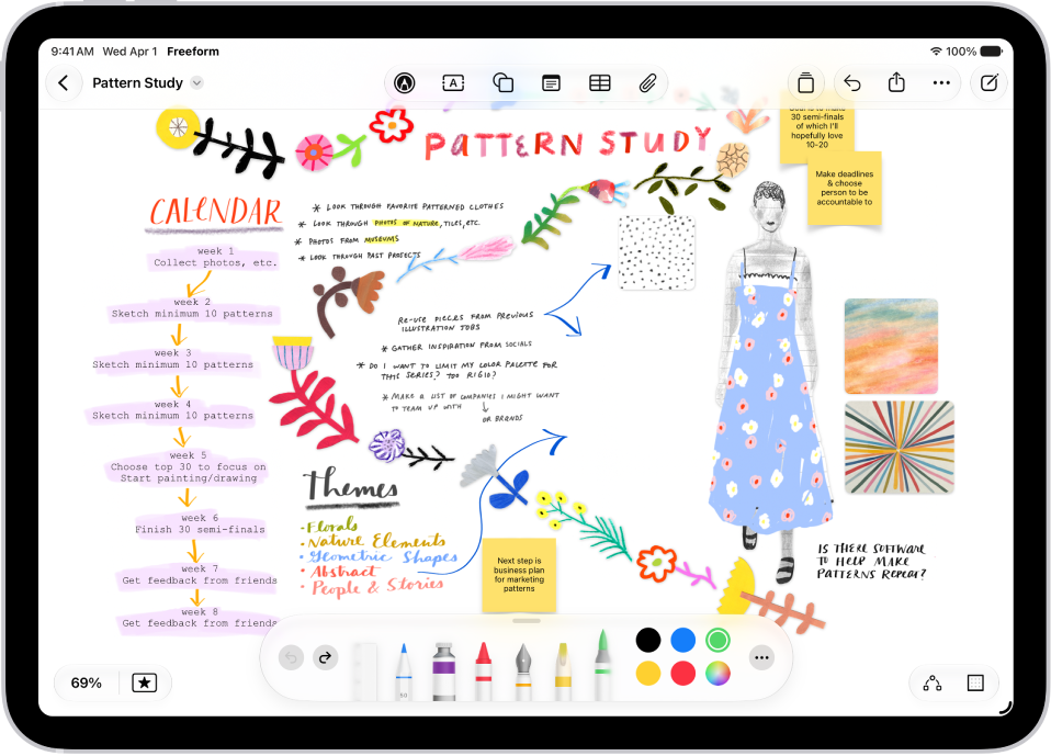 A Freeform board with drawings of plants and the drawing tools at the bottom.