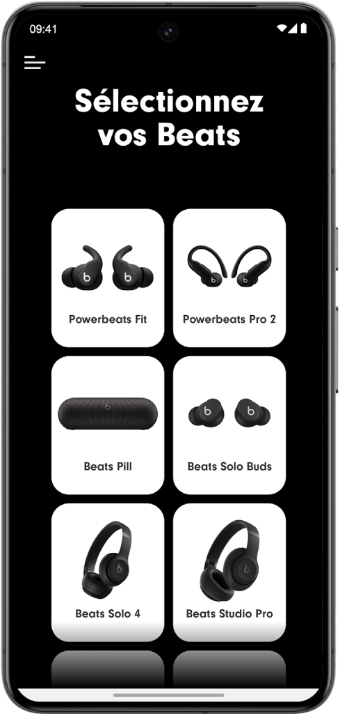L’écran «&nbsp;Sélectionnez votre produit Beats&nbsp;» de l’app Beats affiche les appareils Beats compatibles.