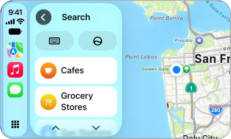 A CarPlay screen showing a map of San Francisco.