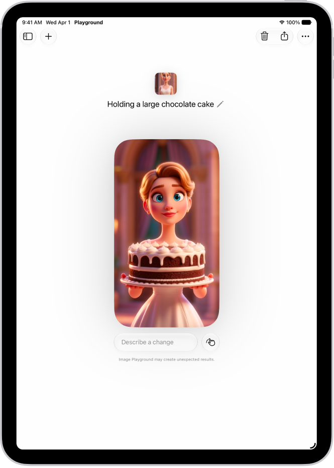 The Image Playground app window showing a created image of a woman holding a cake.