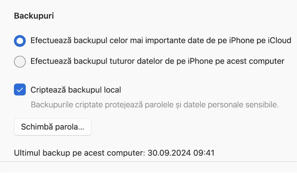 O fereastră Apple Devices afișând opțiunile pentru efectuarea backupurilor și restaurarea unui dispozitiv Apple.