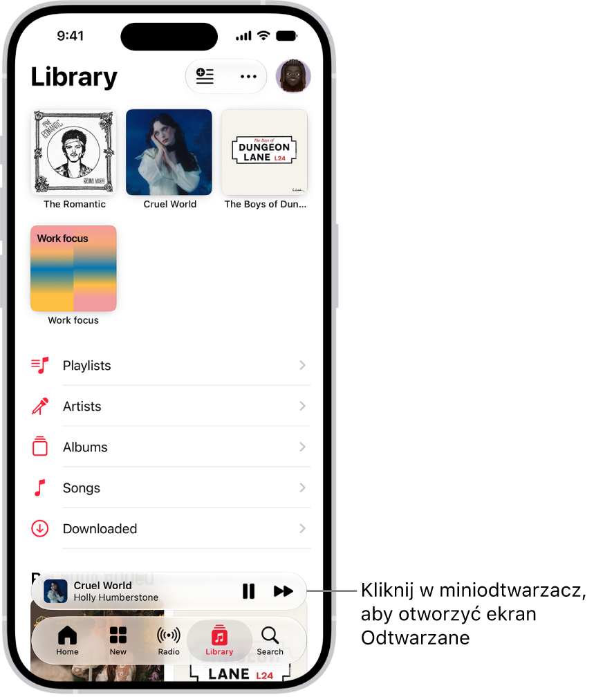 Ekran Biblioteka z&nbsp;miniodtwarzaczem na dole. Miniodtwarzacz pokazuje tytuł aktualnie odtwarzanego utworu. Przyciski Wstrzymaj i&nbsp;Następny utwór są po prawej stronie tytułu utworu. Stuknij w&nbsp;miniodtwarzacz, aby otworzyć ekran Odtwarzane.