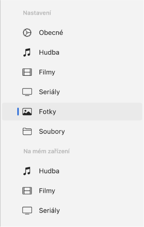 Boční panel s vybranou volbou Fotky