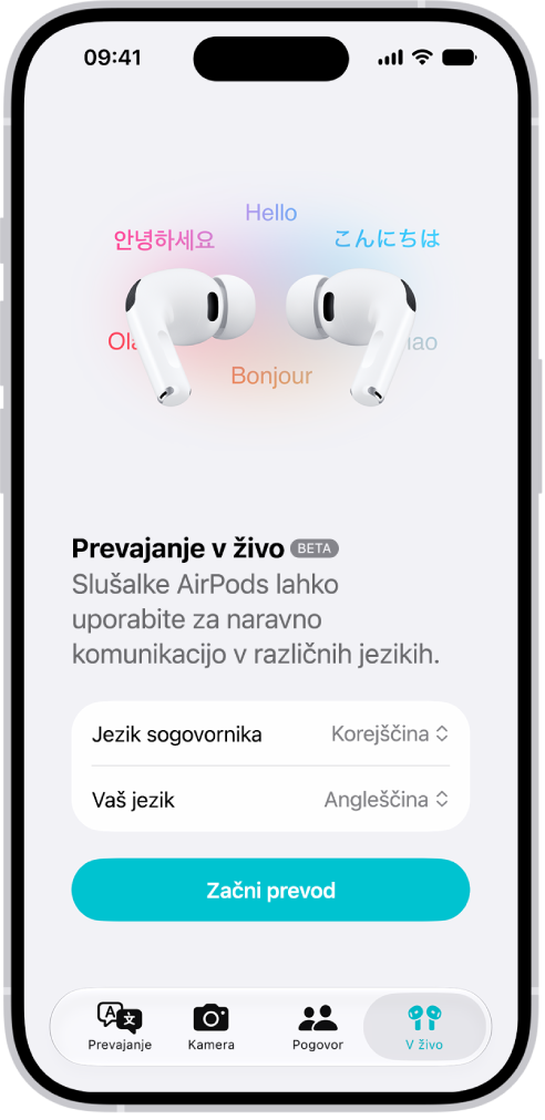 Aplikacija Prevedi v iPhonu, ki prikazuje zaslon Prevajanje v živo. Na zaslonu sta prikazana dva pojavna menija za izbiro jezika in jezika druge osebe ter gumb za začetek prevajanja v živo.