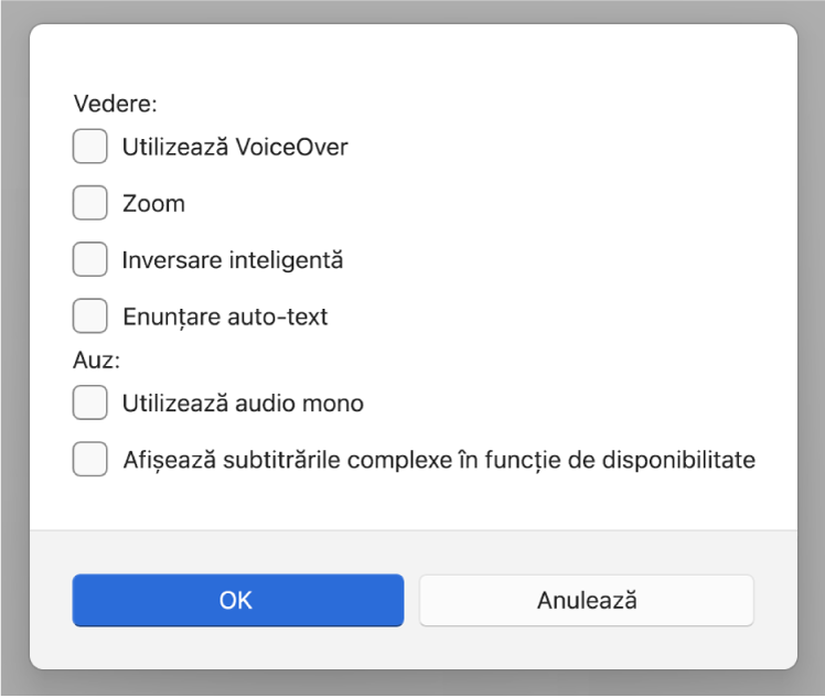 Funcționalitățile de accesibilitate din aplicația Apple Devices afișând opțiunile Utilizează VoiceOver, Zoom, Inversare inteligentă, Enunțare auto-text, “Utilizează audio mono” și “Afișează subtitrările complexe în funcție de disponibilitate”.