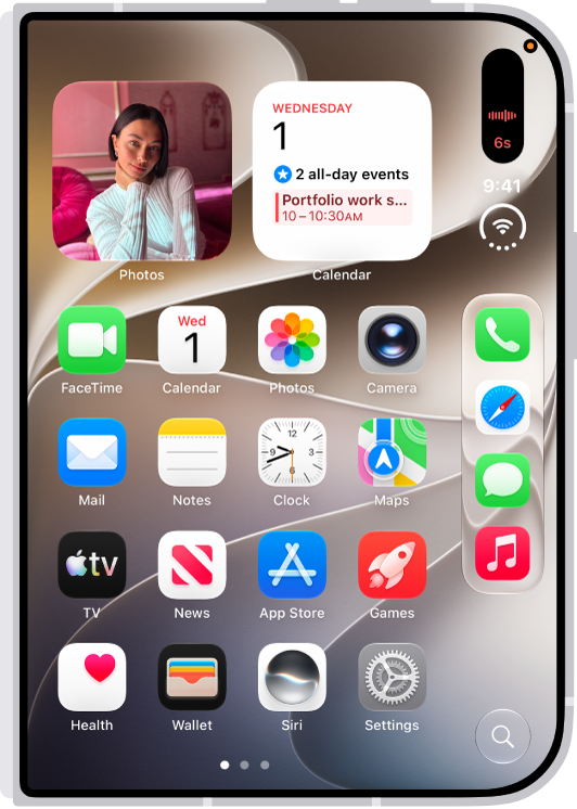 The iPhone Home Screen, showing a Voice Memos recording in the Dynamic Island.