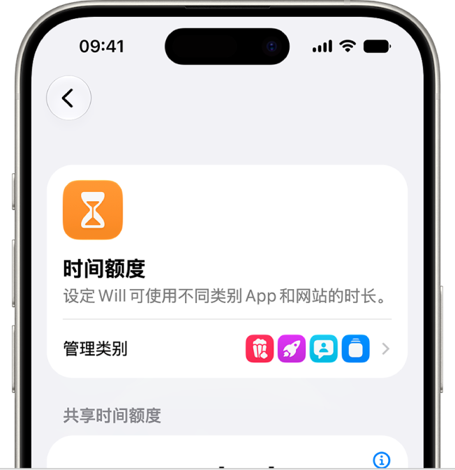 “屏幕时间”设置面板中的“时间额度”。