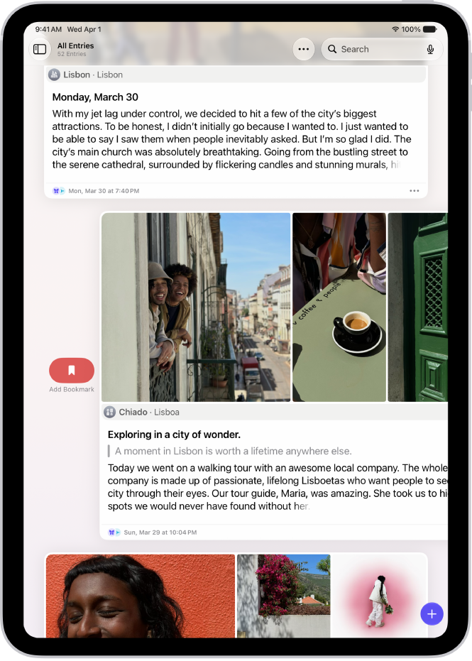 Écran de l’app&nbsp;Journal affichant des entrées de journal. L’utilisateur balaie une entrée vers la droite et cela affiche le bouton Signet.