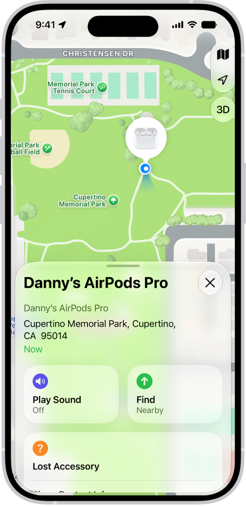 A screen from the Find My app on iPhone. The location of AirPods&nbsp;Pro is shown on a map of Cupertino, along with an address listed and the options Play Sound, Directions, and Settings.