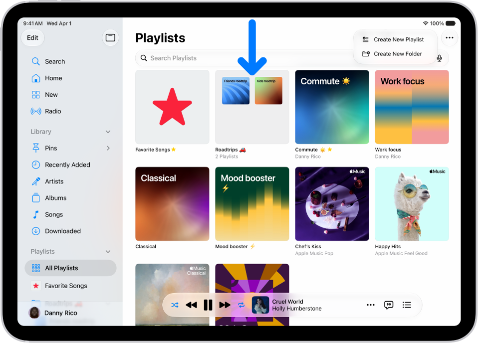 iPad 上打开的“音乐” App，左侧显示边栏，右侧显示一系列播放列表。 顶部的按钮用于创建新播放列表或新文件夹。 蓝色箭头指向名为“公路旅行”的播放列表文件夹。
